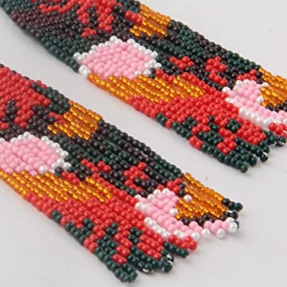 Long 5.5" Black Pink Multicolor Abstract Floral Earrings Beaded Flower Oversized - Picture 3 of 5